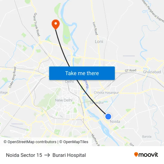 Noida Sector 15 to Burari Hospital map