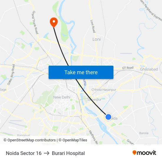 Noida Sector 16 to Burari Hospital map