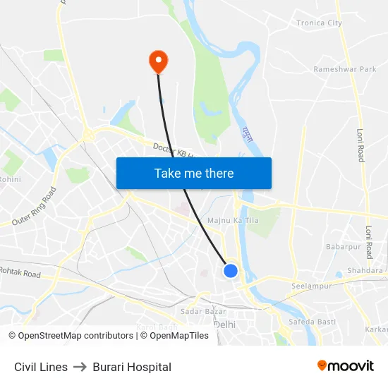 Civil Lines to Burari Hospital map