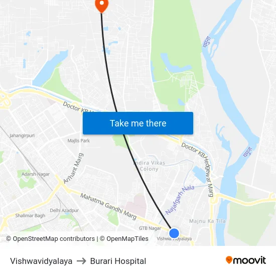 Vishwavidyalaya to Burari Hospital map