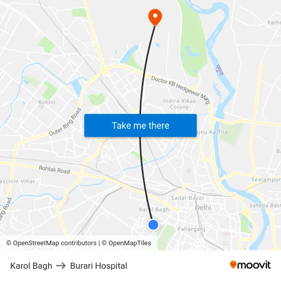 Karol Bagh to Burari Hospital map