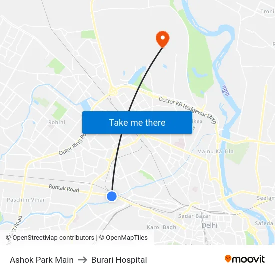 Ashok Park Main to Burari Hospital map
