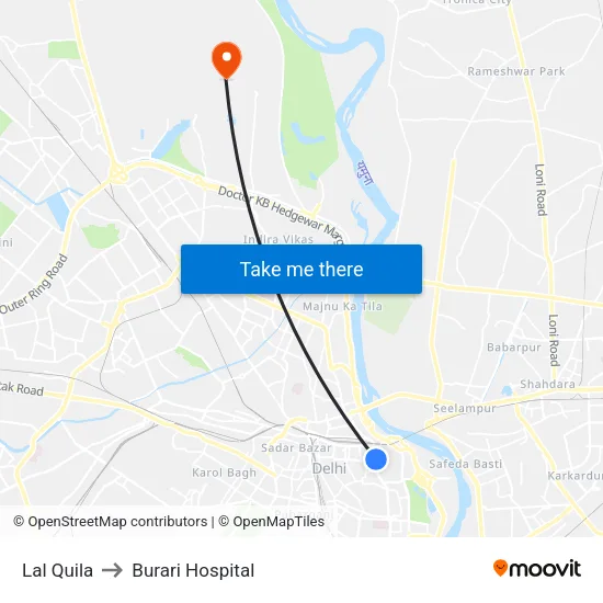 Lal Quila to Burari Hospital map