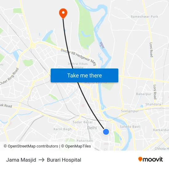 Jama Masjid to Burari Hospital map