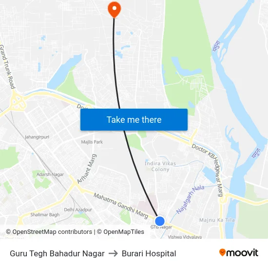 Guru Tegh Bahadur Nagar to Burari Hospital map