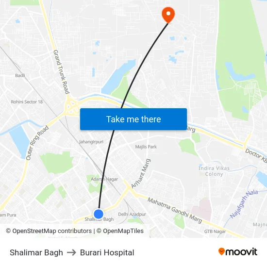 Shalimar Bagh to Burari Hospital map