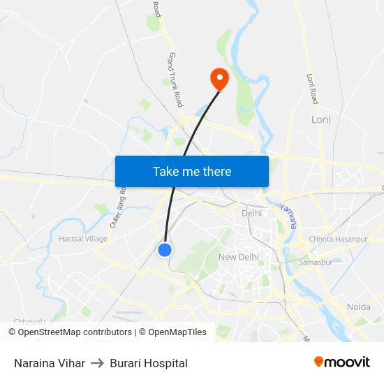 Naraina Vihar to Burari Hospital map