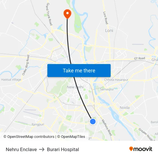 Nehru Enclave to Burari Hospital map