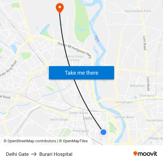 Delhi Gate to Burari Hospital map