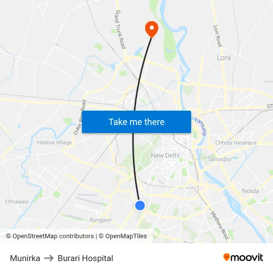 Munirka to Burari Hospital map