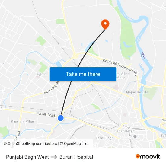 Punjabi Bagh West to Burari Hospital map