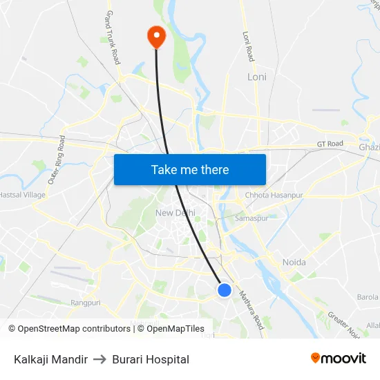 Kalkaji Mandir to Burari Hospital map