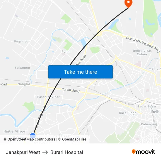 Janakpuri West to Burari Hospital map