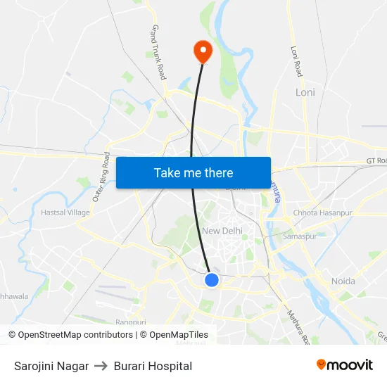 Sarojini Nagar to Burari Hospital map