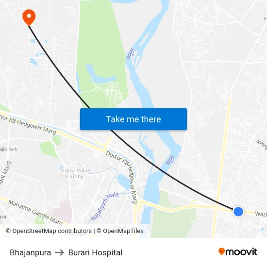 Bhajanpura to Burari Hospital map
