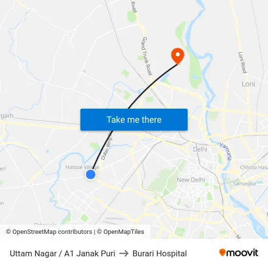 Uttam Nagar / A1 Janak Puri to Burari Hospital map