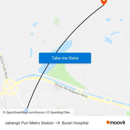 Jahangir Puri Metro Station to Burari Hospital map