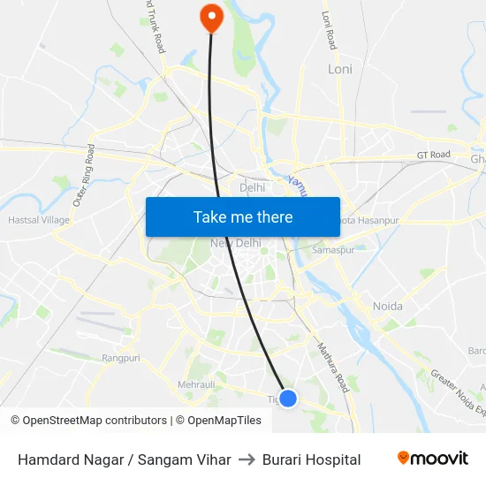 Hamdard Nagar / Sangam Vihar to Burari Hospital map