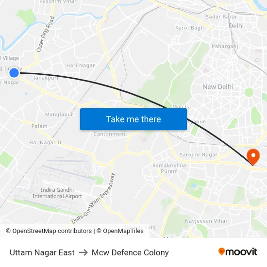 Uttam Nagar East to Mcw Defence Colony map