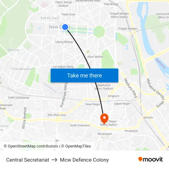 Central Secretariat to Mcw Defence Colony map