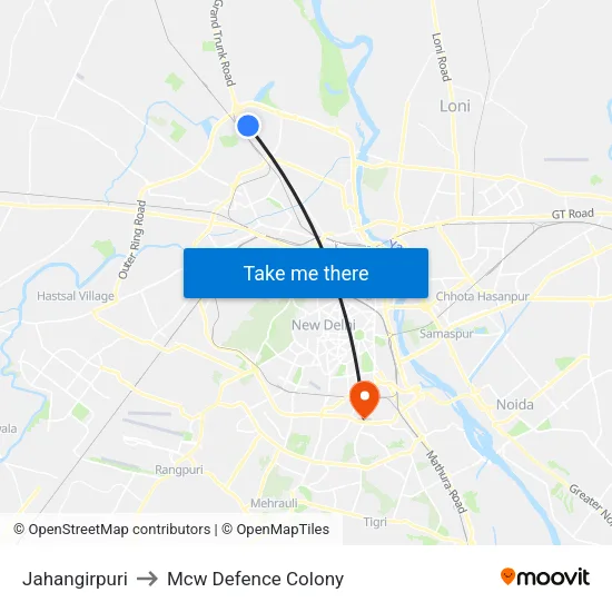 Jahangirpuri to Mcw Defence Colony map
