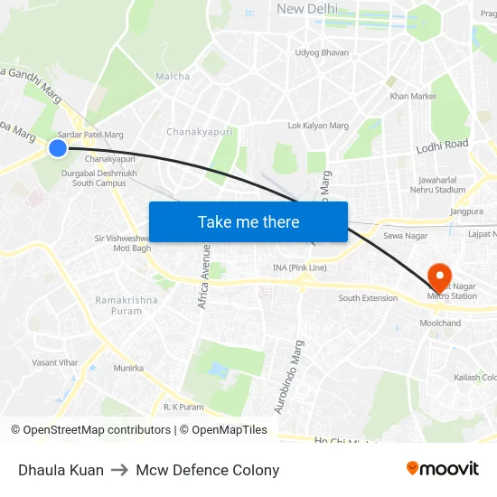 Dhaula Kuan to Mcw Defence Colony map