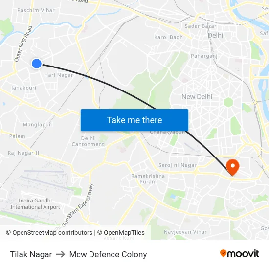 Tilak Nagar to Mcw Defence Colony map