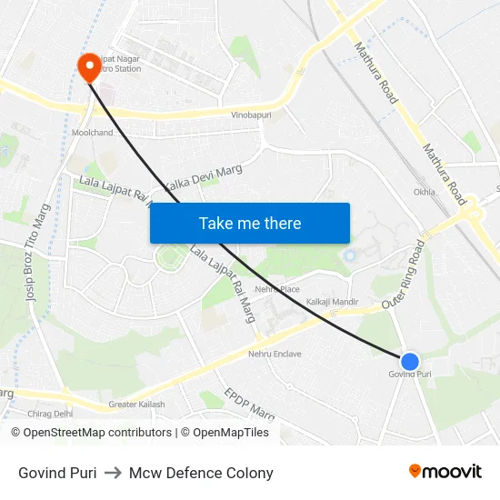 Govind Puri to Mcw Defence Colony map