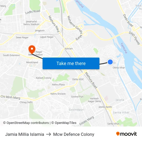 Jamia Millia Islamia to Mcw Defence Colony map