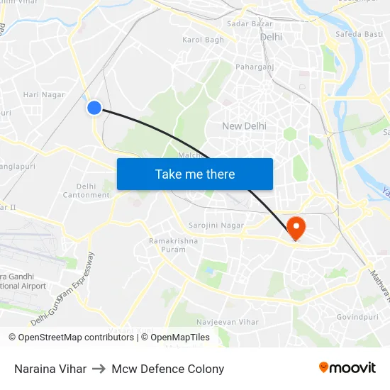 Naraina Vihar to Mcw Defence Colony map