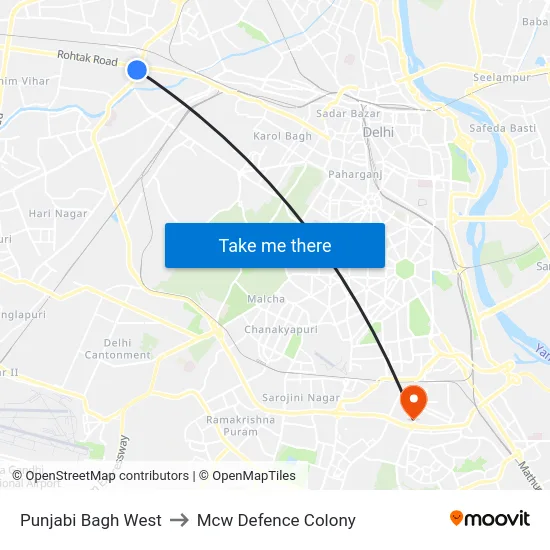 Punjabi Bagh West to Mcw Defence Colony map