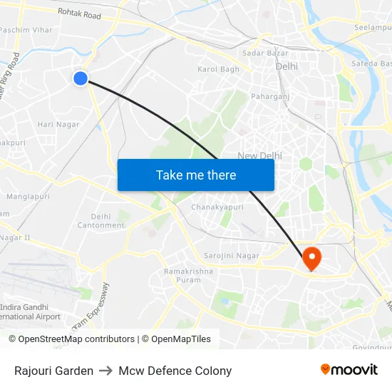 Rajouri Garden to Mcw Defence Colony map