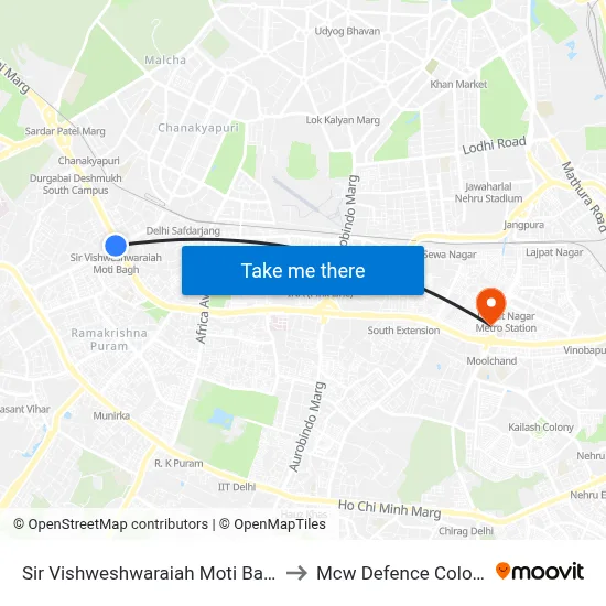 Sir Vishweshwaraiah Moti Bagh to Mcw Defence Colony map