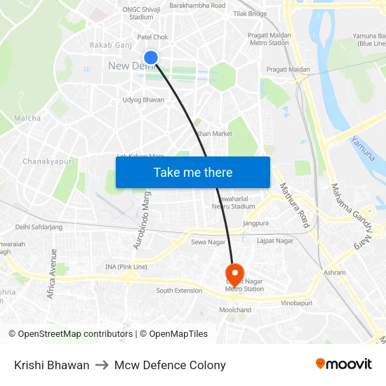 Krishi Bhawan to Mcw Defence Colony map