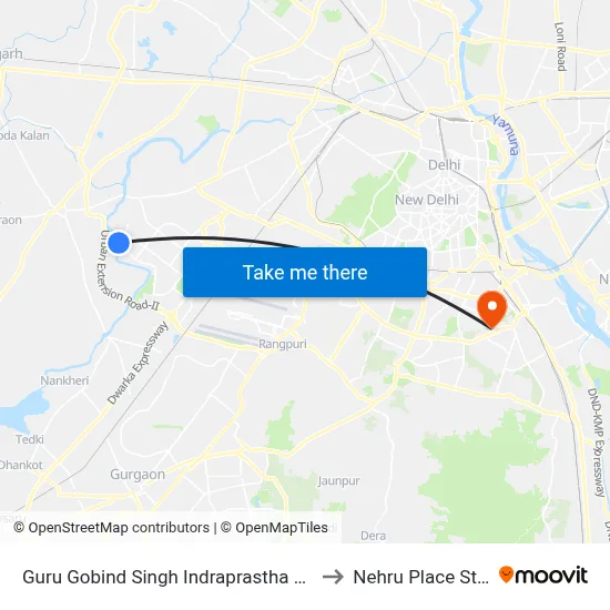 Guru Gobind Singh Indraprastha University to Nehru Place Station map