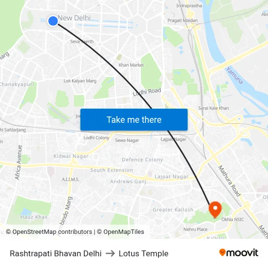 Rashtrapati Bhavan Delhi to Lotus Temple map