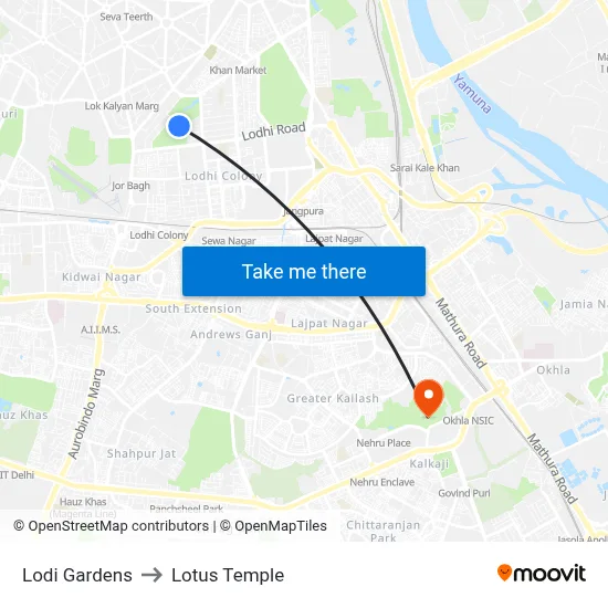 Lodi Gardens to Lotus Temple map