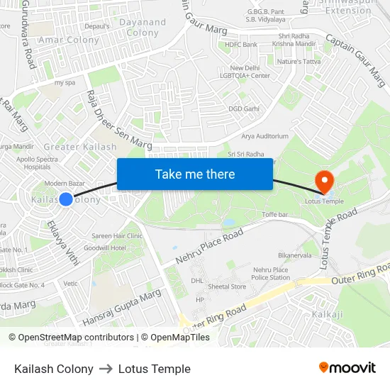 Kailash Colony to Lotus Temple map