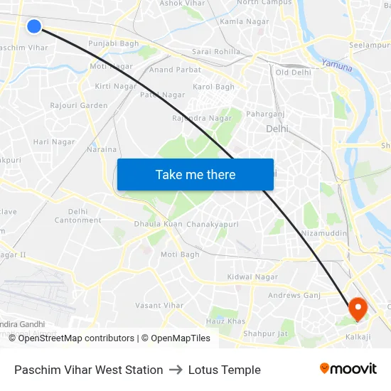 Paschim Vihar West Station to Lotus Temple map