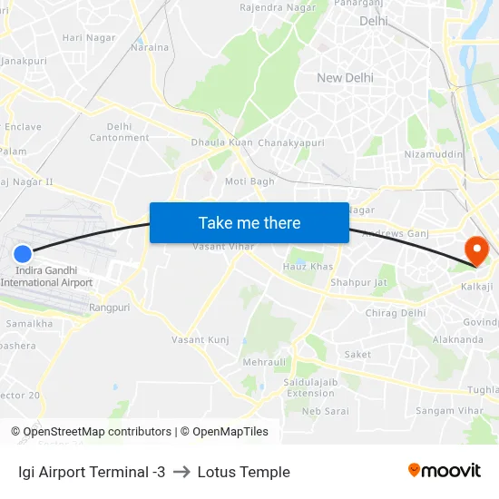 Igi Airport Terminal -3 to Lotus Temple map
