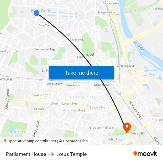Parliament House to Lotus Temple map