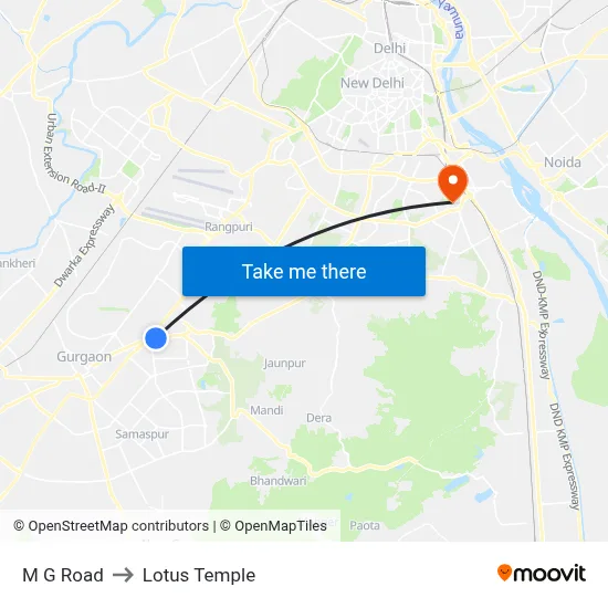 M G Road to Lotus Temple map
