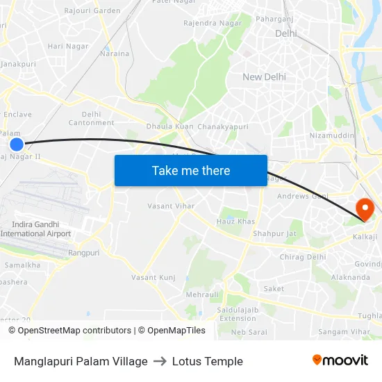 Manglapuri Palam Village to Lotus Temple map