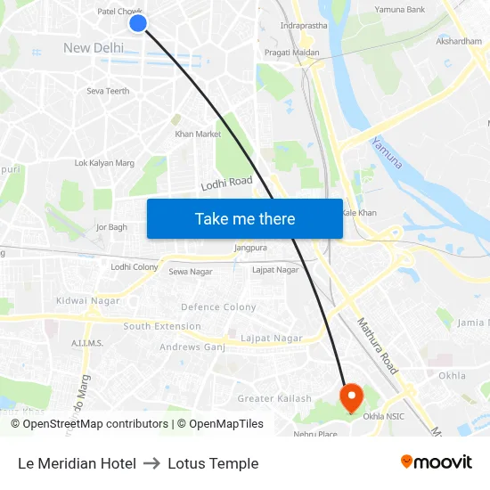 Le Meridian Hotel to Lotus Temple map