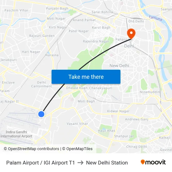 Palam Airport  / IGI Airport T1 to New Delhi Station map
