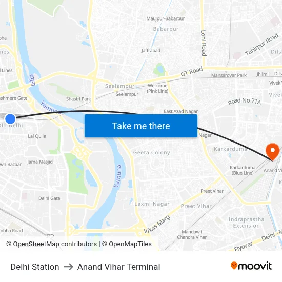 Delhi Station to Anand Vihar Terminal map