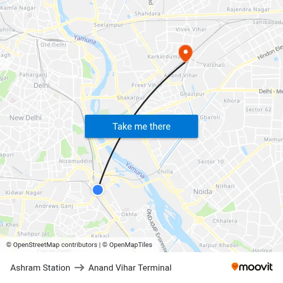 Ashram Station to Anand Vihar Terminal map