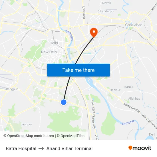 Batra Hospital to Anand Vihar Terminal map