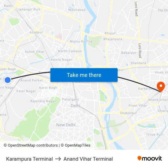 Karampura Terminal to Anand Vihar Terminal map