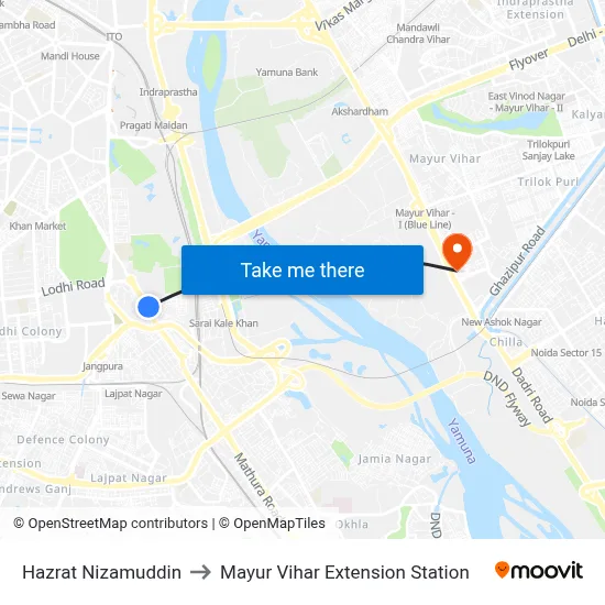 Hazrat Nizamuddin to Mayur Vihar Extension Station map